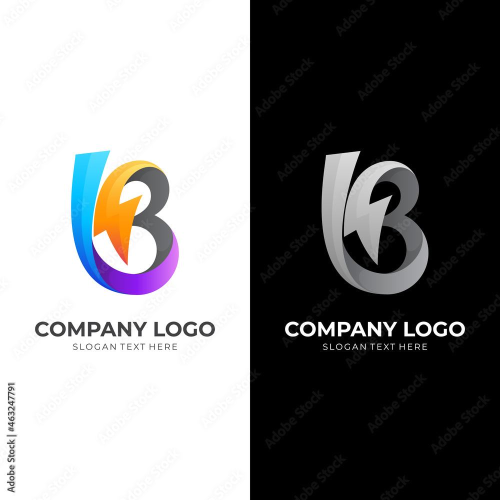 letter B logo with thunder design template combination, 3d colorful style letter B logo with thunder design template combination, 3d colorful style