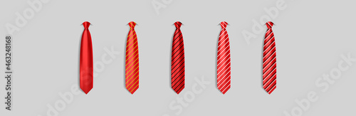 Set different red ties isolated on gray background. Colored tie for men. Vector plain illustration