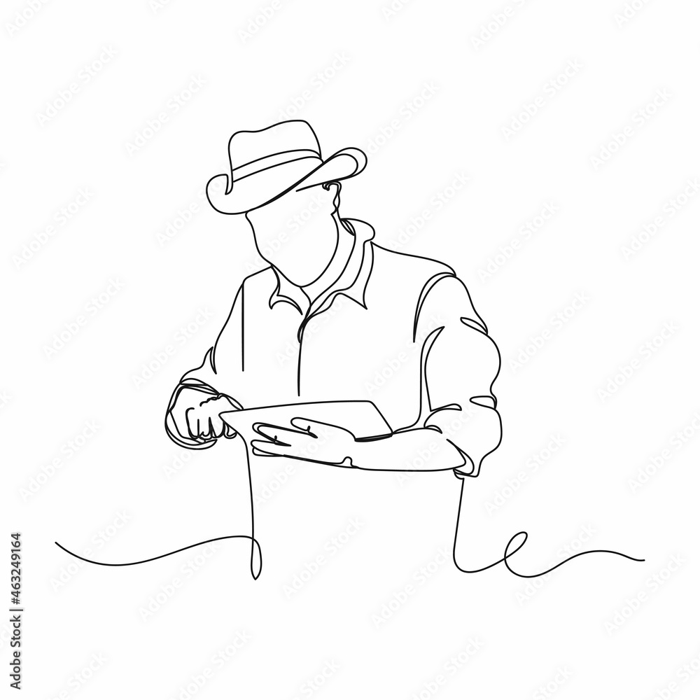 Continuous one single line drawing of farmer working with using tablet in the innovation in silhouette on a white background. Linear stylized. Continuous one single line drawing of farmer working with using tablet in the innovation in silhouette on a white background. Linear stylized.