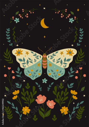 Postcard with a butterfly in boho style. Vector graphics.