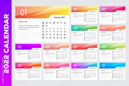 Glass Shinning Effect Colorful Gradient Header 2022 Table Calendar