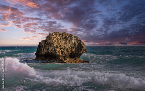 Fototapeta Naklejka Na Ścianę i Meble -  Fantastic seascape with waves crashing onto rocks. Corfu island, Greece.
