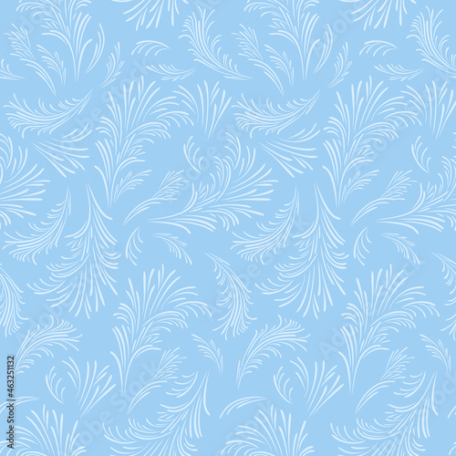 Winter blue background. Seamless pattern with icy frosty ornament. Vector flat illustration.
