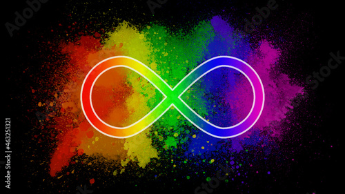 Rainbow infinity symbol with artistic paint splatter.
The rainbow-colored infinity symbol represents the diversity of the autism spectrum as well as the greater neurodiversity movement.