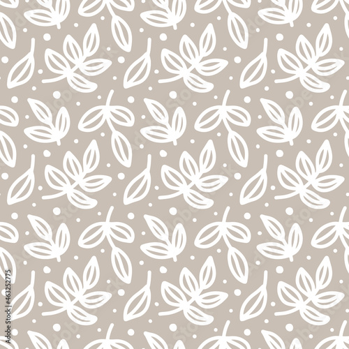 White tree Branches with Leaves on grey beige background. Floral seamless pattern. Abstract contour Plant  Twigs. Vector fashion texture for textile print  fabric  wrapping  gift paper  invitation