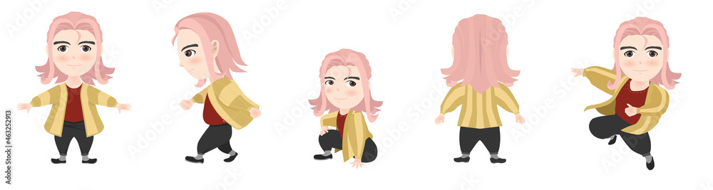Cartoon vector pink hair man wearing a yellow robe. Doing various gestures. On isolated white background. Cartoon vector pink hair man wearing a yellow robe. Doing various gestures. On isolated white background.
