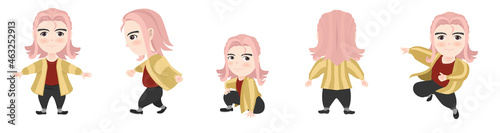 Cartoon vector pink hair man wearing a yellow robe. Doing various gestures. On isolated white background.
