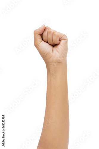 Woman's hands with fist gesture isolated white background doing protest and revolution gesture, fist expressing force and power