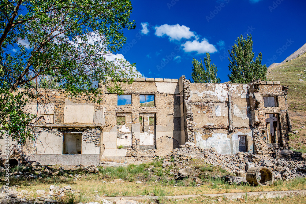 Destroyed and abandoned buildings of the city after the war, bombing or earthquakes, Apocalypse Dead city, ruins, evacuation.