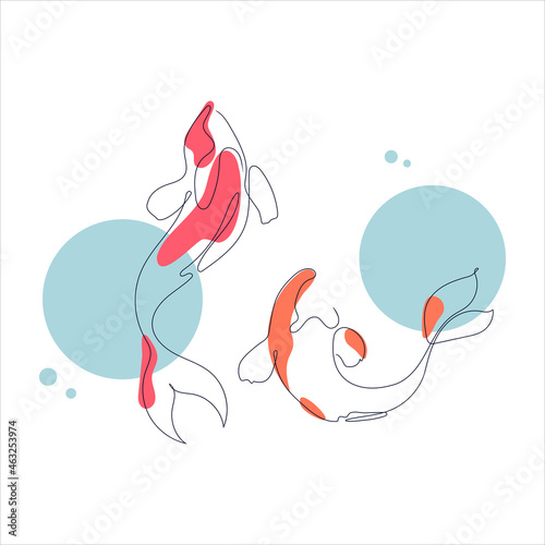 Abstract background of carp koi fish in a continuous single-line pattern. One line hand drawing vector illustration