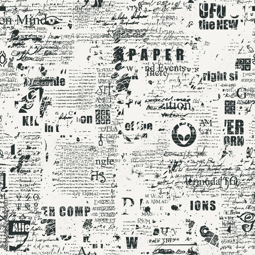 Abstract seamless pattern with fragments of handwritten scribbles, typescript and newspaper headlines. Monochrome vector background, wallpaper, wrapping paper or fabric in grunge style