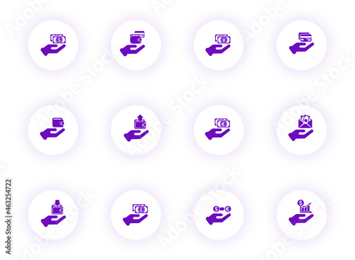 hand and money purple color vector icons on light round buttons with purple shadow. hand and money icon set for web, mobile apps, ui design and print