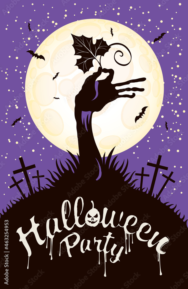 Vector banner for a Halloween party with a zombie hand and a pumpkin leaf at night in a cemetery on the background of a full moon. Scary flyer or invitation to a Halloween with a flowing inscription