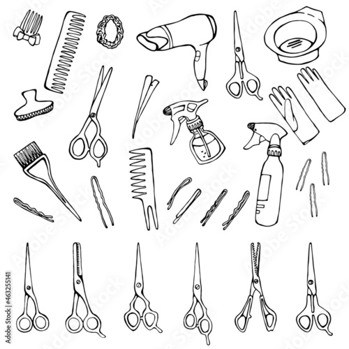 Set of hairdresser's accessories: scissors, hair dryer, hair clips, combs, gloves, spray gun.Vector illustration.Hand drawn vector.