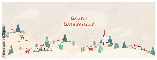 Panoramic vector illustration of winter wonderland in pastel beige background.The cute small village in Christmas day with snow.Deer or anilope happy and joyful.Minimal winter landscape.