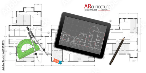 Architectural technical drawing of the house.Design Engineer Workplace .Industrial design engineering facility office.Vector illustration .