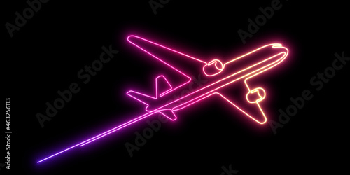 Neon flying plane.Airplane illustration .Air flights.Continuous line drawing.3D illustration.