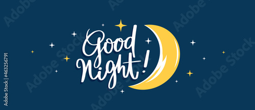 Vector night illustration of lettering wish good night on dark blue sky background with star and yellow light moon. Art design with text