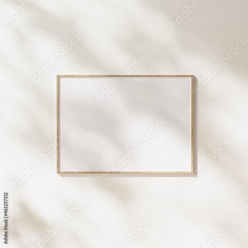 Fototapeta Naklejka Na Ścianę i Meble -  blank wooden horizontal frame mock up with leaves shadows and sunlight on white wall background, 3d rendering