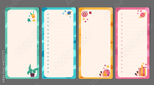 Kids stationery set with memo planners, to-do lists with cute illustrations, template for planners, day agenda, checklists.