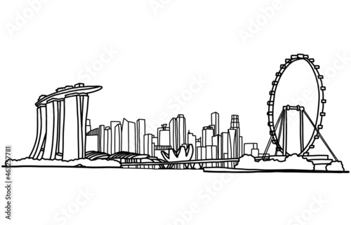 singapore cityscape skyline outline doodle drawing on white background.