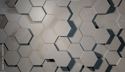 Abstract hexagon geometry background. 3d render of simple primitives with six angles in front. Dark lighting.