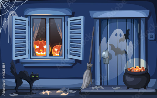 Vector Halloween night outdoor scene with a window decorated with jack-o’-lanterns, a door, a cat, ghosts and a cauldron with candy corn. Cartoon illustration.