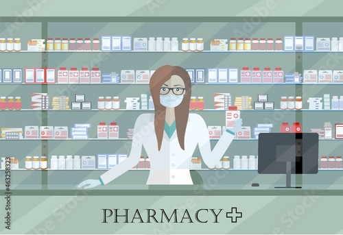 Modern interior pharmacy or drugstore with female with medical mask. Medicine pills capsules bottles vitamins and tablets. vector illustration in flat style