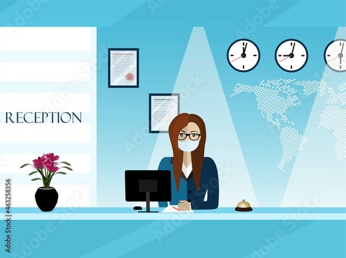 Receptionist  woman in protective medical mask behind workplace in hotel. Interior of modern reception desk in waiting room, flat vector illustration