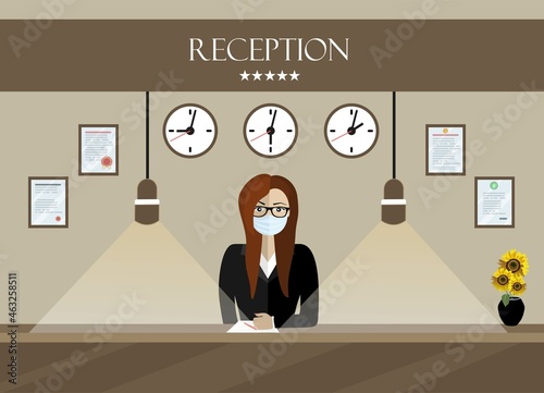 Receptionist  woman in protective medical mask behind workplace in hotel. Interior of modern reception desk in waiting room, flat vector illustration