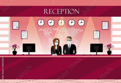Receptionist man and woman in protective medical mask behind workplace in hotel. Interior of modern reception desk in waiting room, flat vector illustration