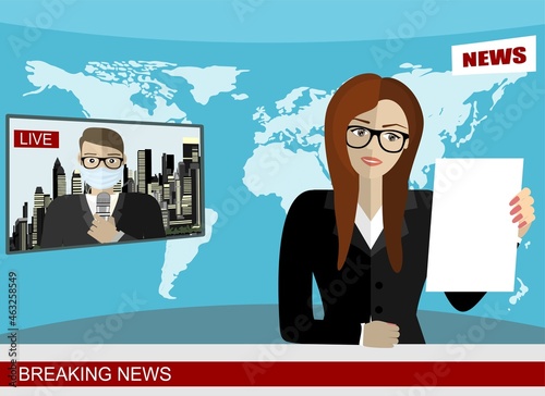 TV news anchorman. News anchor broadcasting the news with a reporter with medical mask live on screen . illustration in flat style 