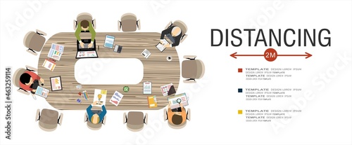 People working together in business office maintain social distancing to prevent coronavirus spreading, keep a safe distance, new normal lifestyle concept, flat vector illustration