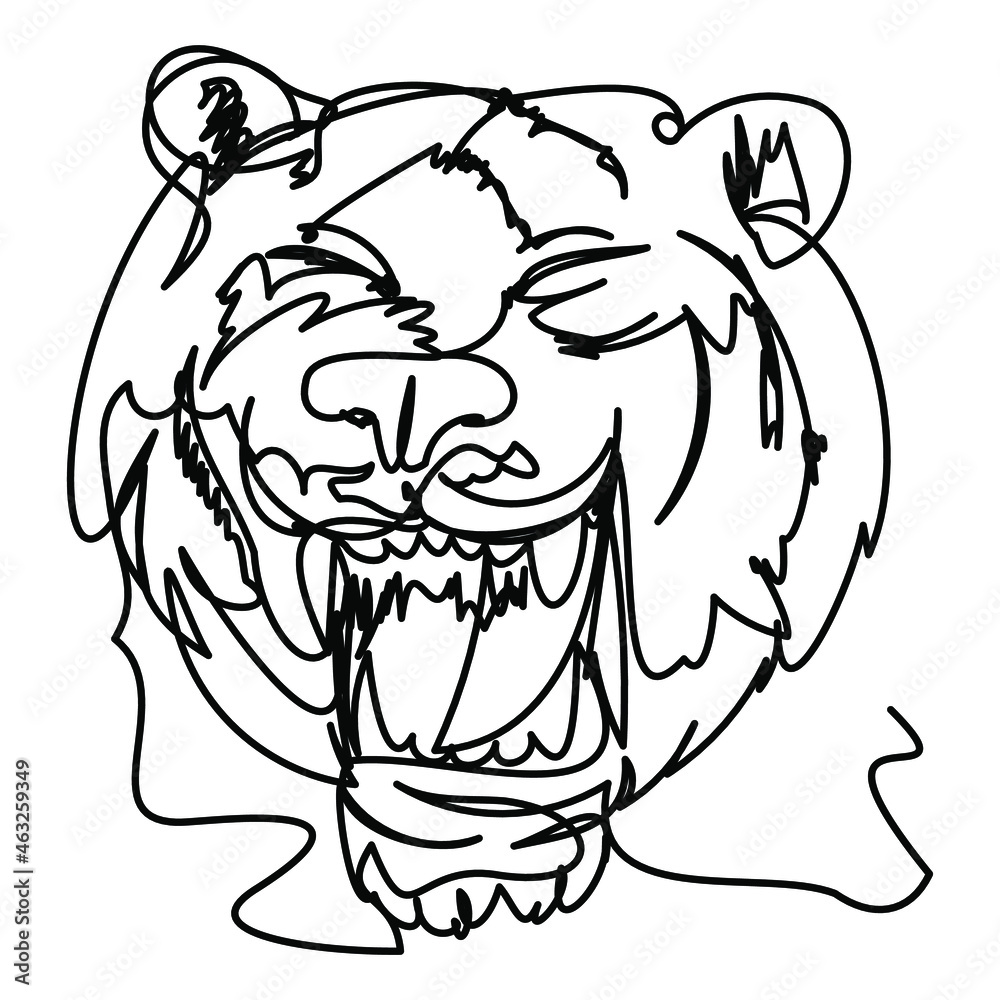 Angrily growling tiger in one line on a white background. Vector illustration of a predatory animal. Chinese symbol of 2022.