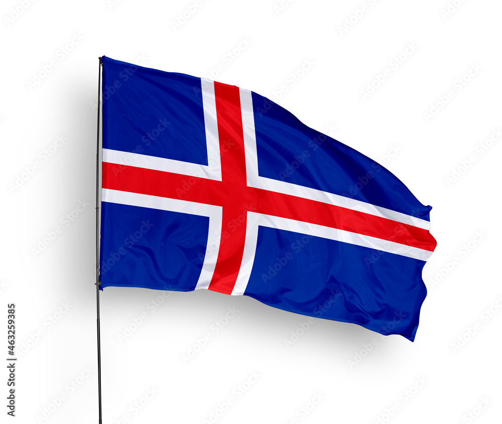 Obraz premium Iceland flag isolated on white background. close up waving flag of Iceland. flag symbols of Iceland. Concept of Iceland.