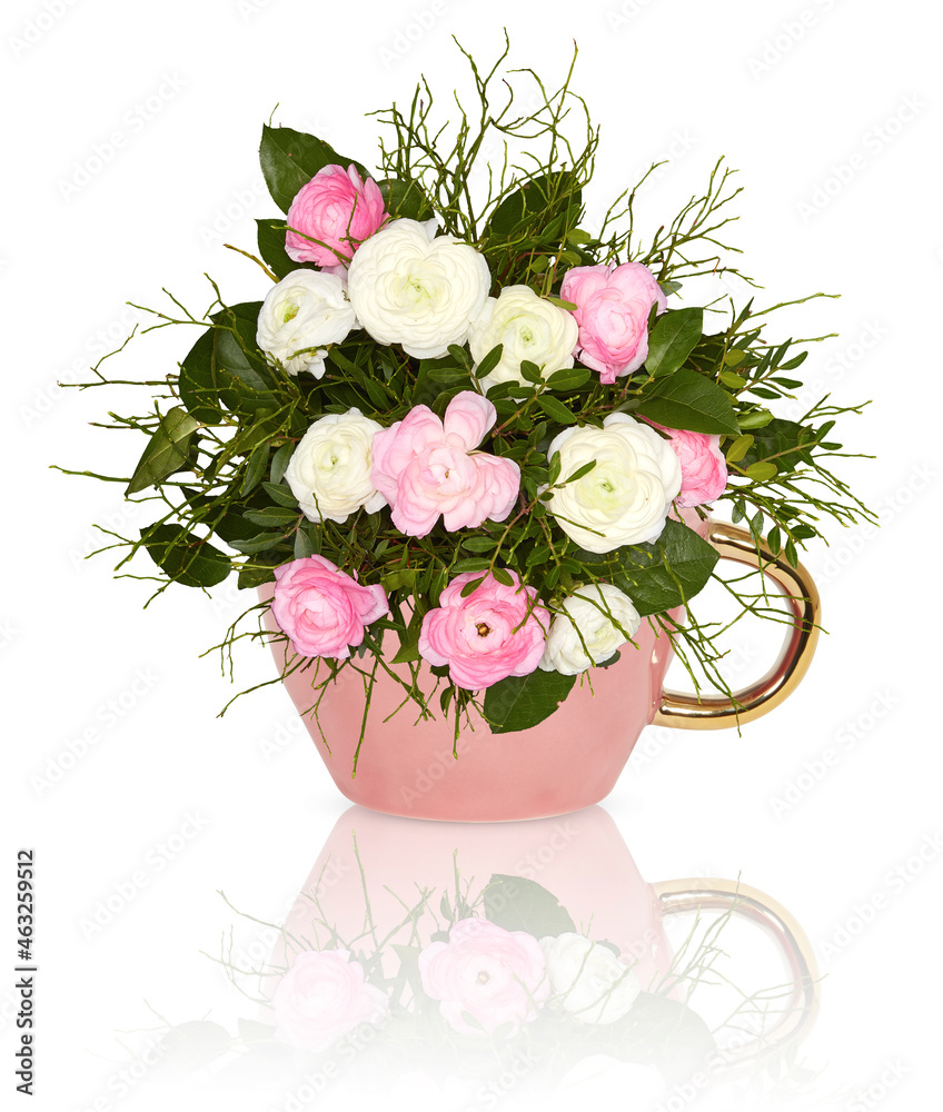 roses , daisy and gypsophila blooming in a glass vase isolated on white background with cut out have clipping path