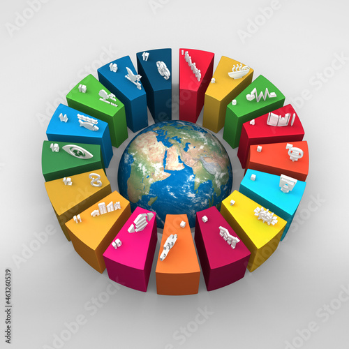 Colorful Sustainable Development Wheel over the earth isolated on white grey background for Corporate social responsibility project. Concept to achieve Sustainable Development. 3D illustration.