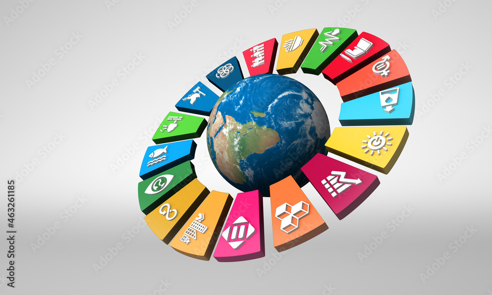 Colorful Sustainable Development Wheel over the earth isolated on white  grey background for Corporate social responsibility project. Concept to  achieve Sustainable Development. 3D illustration. Stock Illustration |  Adobe Stock