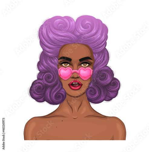 Vector portrait shocked African American pin up girl with open mouth in surprise. Woman with clean healthy skin. Fashion model in pink heart shaped glasses with colorful wavy hair purple and violet 