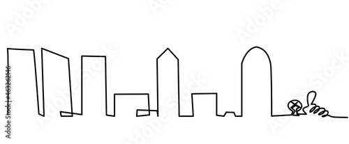 Megapolis one line on white background Outline big town. Black line on isolate. Stock vector illustration. Part of the city with a small park.