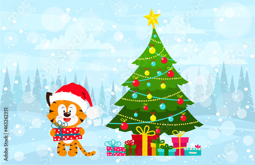 Christmas card with a tiger and a decorated tree. Greeting card template "Year of the Tiger" 2022. Happy New Year. © Мария Лаптева