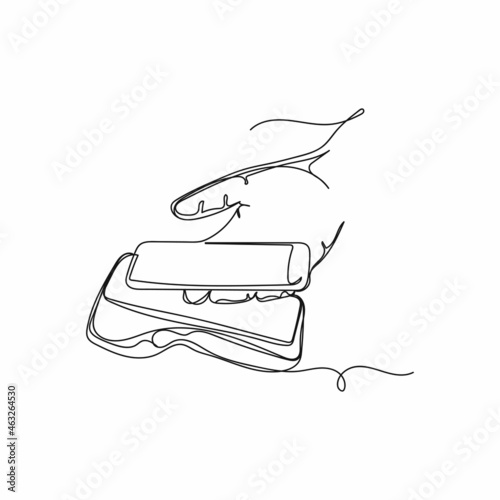 Continuous one single line drawing of contactless payment through mobile cell phone at customer paying on pos terminal in silhouette on a white background. Linear stylized.