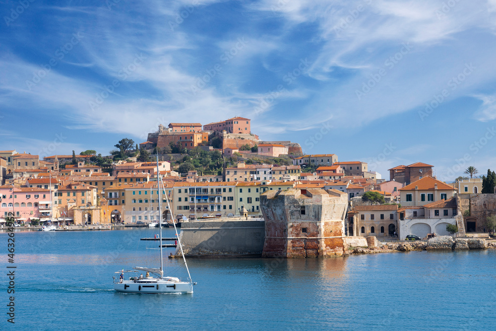 city scape and skyline of Portoferraio and its famous fortress , capital of the Island of Elba, Tuscan Archipelago, Tuscany, Italy