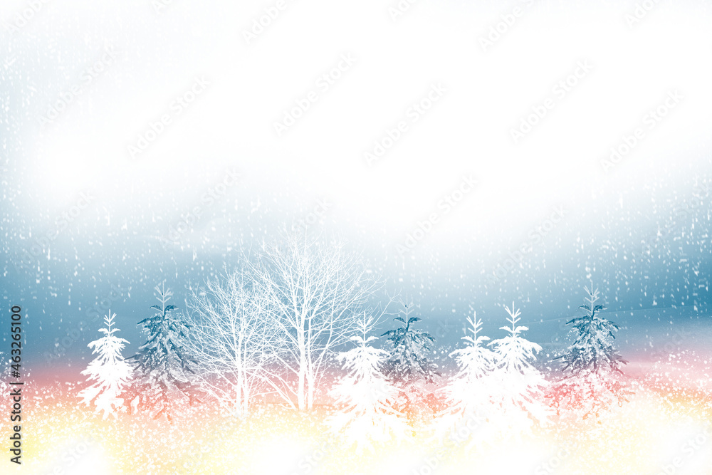 Greeting card. Frozen winter forest with snow covered trees. Greeting card. Frozen winter forest with snow covered trees.