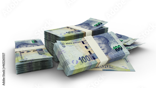 3D Stack of South african rand notes on white background