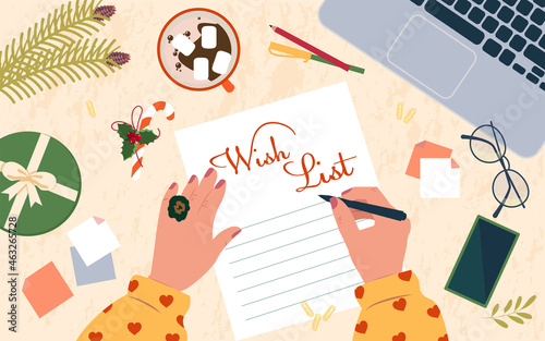 Xmas wish list flat vector illustration. Notebook sheet page with festive decorations. Santa Claus letter design with Сhristmas ornaments. Women hands hold a pen and write down goals or a wish list.