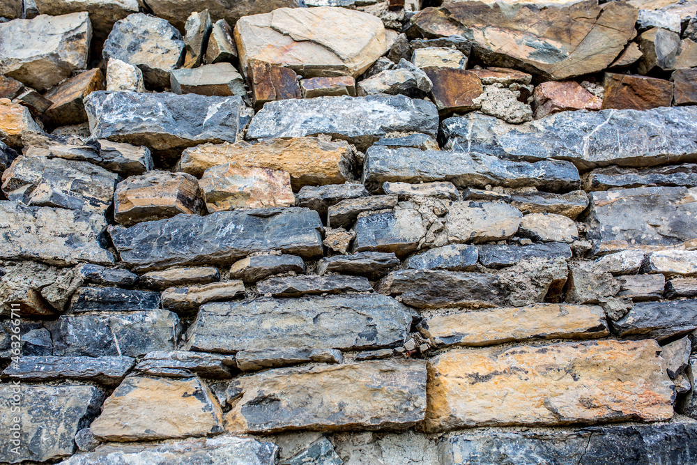 Fototapeta premium Stone antique old wall as a background or texture. Vintage background of a fortress wall in loft and grunge style with place for text and copy space.