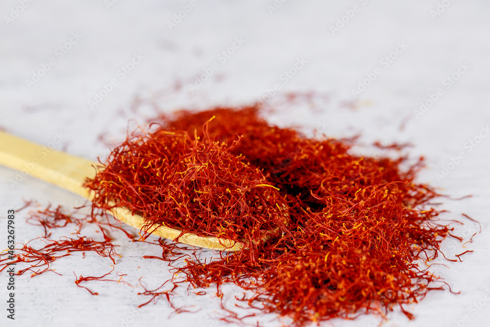 Fototapeta premium Dried saffron spice isolated on white background.