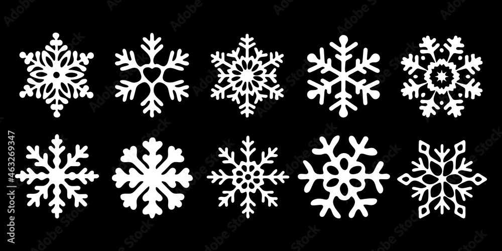 White Snowflakes on a black background. Isolated elements in a flat style. Stylish set for your New Year or Christmas design. Vector illustration. White Snowflakes on a black background. Isolated elements in a flat style. Stylish set for your New Year or Christmas design. Vector illustration.