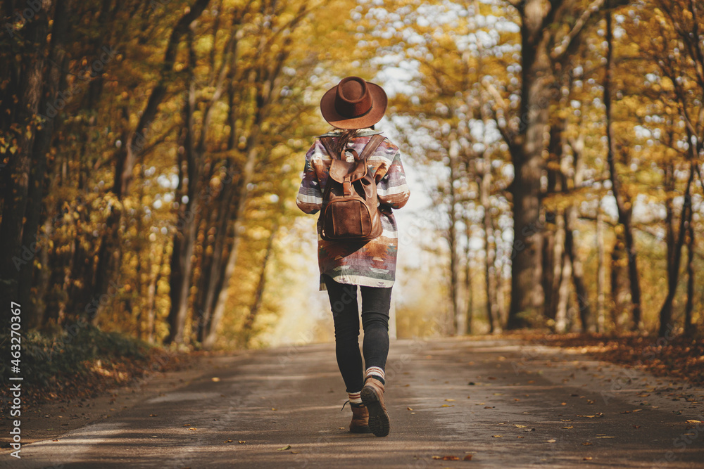 Stylish woman hipster in hat with backpack walking on road in sunny autumn woods. Young female traveler hiking in fall forest, beautiful moment. Travel and wanderlust concept. Back view